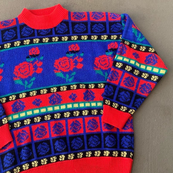 Vintage Sweaters - Vintage 80’s Retro Bright Rose Graphic Pattern Mock Neck Sweater